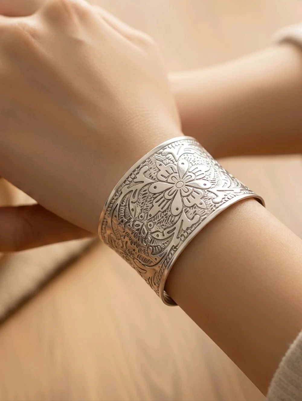 Silver Floral Cuff Bracelet Wide Embossed Boho Statement Bangle Vintage Style
